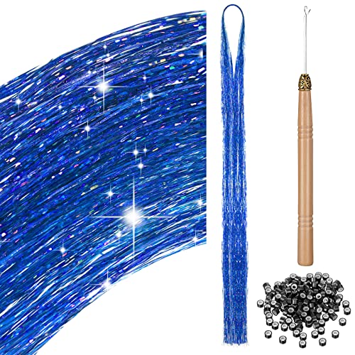 200 Strang Haar Lametta Kit mit Werkzeug Lametta Haarverlängerung Glitzer Haarteil zum Flechten Haar Lametta Stränge Set für Frauen Mädchen Kinder Cosplay Party Zubehör (Dunkelblau) von BBTO