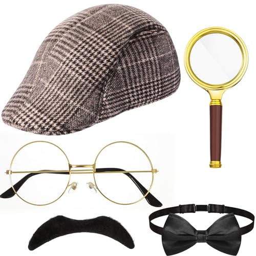 6 Stück Detektiv Kostüm Zubehör Set inklusive Detektiv Hut Lupe Fliege Falscher Schnurrbart Brille ohne Gläser Pfeife, Detektiv Cosplay Requisiten Rollenspiel Accessoires (Praktisch Stil) von BBTO