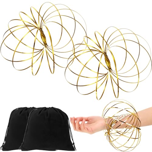 BBTO 2 Durchflussringe Spielzeug 3D Durchflussringe Armband Edelstahl Magische Spirale Multisensorisch Pädagogisch und Interaktiv Spielzeug mit Samtbeutel für Erwachsene Teens (Gold) von BBTO