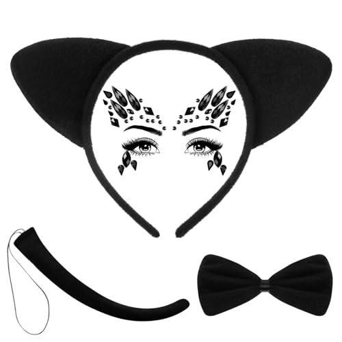 BBTO 4 Stück Katzenkostüm Set Katzenohren Haarreif Schwanz Fliege und Augen Gesicht Edelstein Halloween Tierkostüm Set für Frauen Mädchen Katzenohren Kostüm für Karneval Halloween, Schwarz (Süß) von BBTO