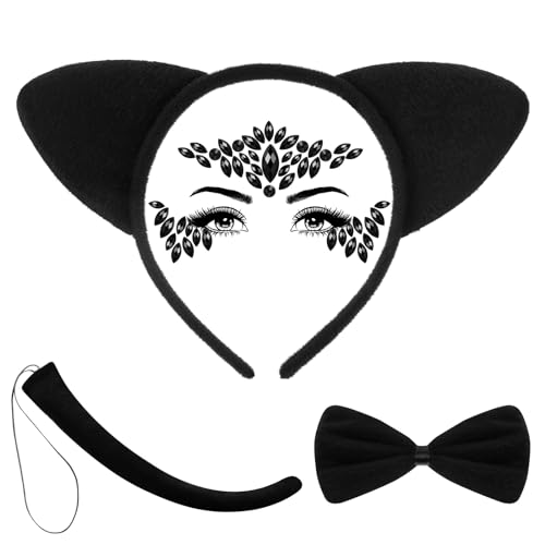 BBTO 4 Stück Katzenkostüm Set Katzenohren Haarreif Schwanz Fliege und Augen Gesicht Edelstein Halloween Tierkostüm Set für Frauen Mädchen Katzenohren Kostüm für Karneval Halloween, Schwarz (Klassisch) von BBTO