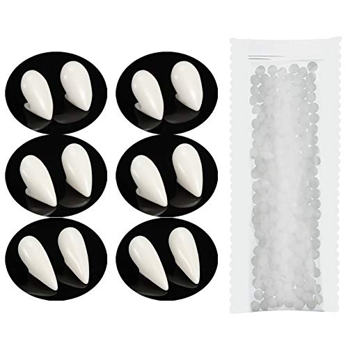 BBTO 6 Paare Vampir Zähne Reißzähne, Halloween Party Cosplay Zahnersatz Stütze Dekoration mit Zahn Pellets Klebstoff für Halloween Kostüm Party Gefallen, 13/ 15/ 17 mm (Weiß) von BBTO