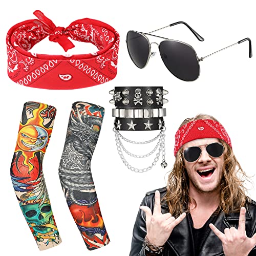 BBTO 6 Stück Punk Gotik Rocker Kit Enthält 2 Stück Gefälscht Tattoo Ärmel 2 Stück Punk Kette Punk Lederarmbänder Bandanas Sonnenbrille 70er 80er 90er Schwermetall Disco Kostüm Zubehör für Herren von BBTO