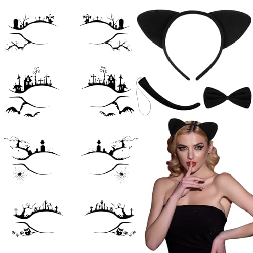 BBTO 7 Stück Katze Cosplay Set inklusive Katzenohren Stirnband Katze Fliege Schwanz und 4 Paar Eyeliner Aufkleber Tier Verkleidung Accessoires für Damen Festival Karneval (Klassischer Stil) von BBTO