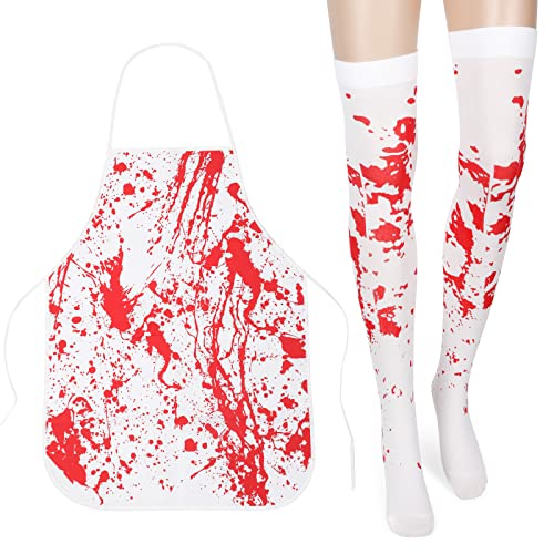 BBTO Blutbefleckte Halloween Strümpfe mit Blutigem Schürzen Set Weiße Halloween Blutige Schürze Blutige Knie Strümpfe Gruselig Halloween Kostüme für Geister Zombie Koch Kostüm Party Requisiten von BBTO