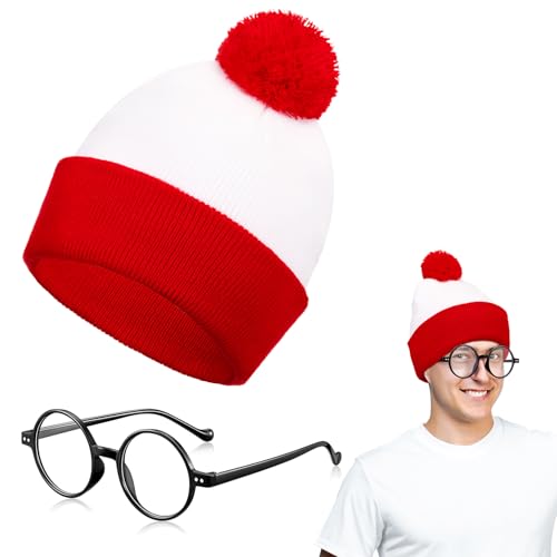 BBTO Karnevalszubehör Rot Weiß Bommelmütze & Retro Runde Brillen Nerdbrille für Kostüm Halloween Karneval Cosplay Party Accessoires von BBTO