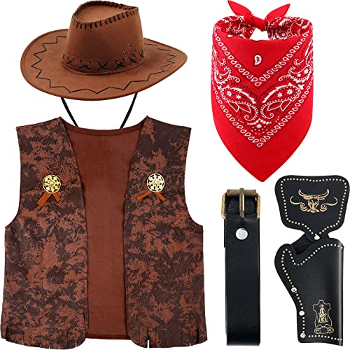 Cowboy Kostüm Zubehör Cowboy Hut Bandana Braune Weste Pistolenhalfter und Gürtel Unisex Erwachsene Cowboy Set für Halloween Party Verkleidung von BBTO