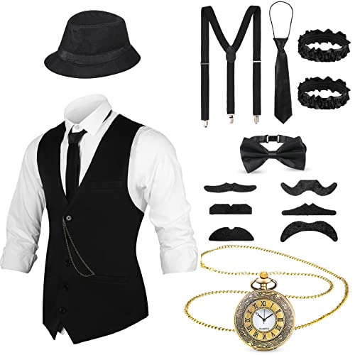 Jungen 1920er Gangster Kostüm Zubehör Set für Kinder Cosplay Weste Hosenträger Fliege Hut Bart Taschenuhr für Kinder (M) von BBTO