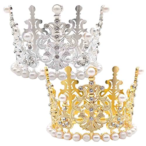 2 Stücke Kuchen Top Dekoration Perle Prinzessin Krone Gold Krone Kuchen Toppe Mini Tiara Perle Krone für KinderGeburtstag Party Thema Geburtstagsfeier Jubiläum(Silber,Gold) von BCEDIGAD