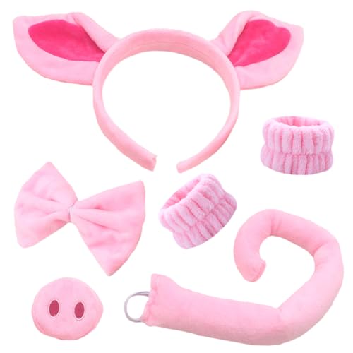 BCEDIGAD 6TLG Schweine Kostüm Set,Rosa Tiere Kostüm Zubehör mit Ohren Schwanz Fliege Nase Schweineohren Stirnband Handgelenkband für Schweine-Mottoparty Cosplay,Karneval,Maskeraden von BCEDIGAD