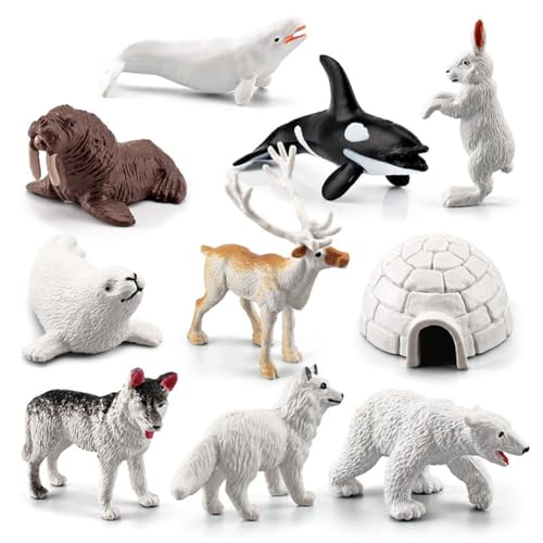 BCEDIGAD Arktische Tierornamente,10 Stück Polar Tiere Figuren Spielzeug Set Mini Arktische Tier Figuren Seelöwe Wolf Kaninchen Hirschekuchen Topper Winter Tiere Figuren Geschenk Osterei Füller von BCEDIGAD