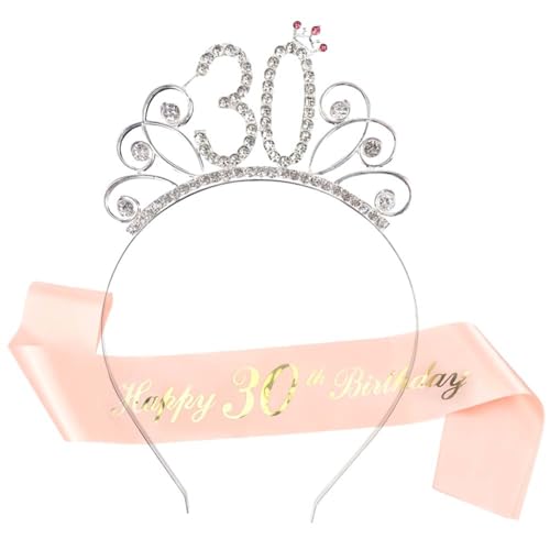 BCEDIGAD Happy 30th Birthday Schärpe Und Strass-Tiara Set,Rose Gold Glitter Geburtstag Schärpe Geburtstag Königin Tiara Und Schärpe Kristall Tiara Satin Schärpe Geburtstag Gürtel von BCEDIGAD