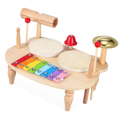 BCOATH Kinderschlagzeug Holzspielzeug Für Musikinstrument Schlagzeug Und Xylophon Pädagogisches Für Kleinkinder Ideal Für Musikalische Frühförderung Und Kreative Entwicklung Instrumentenset Für Kinder von BCOATH