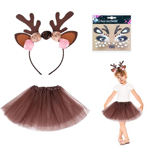 3 Stück Rentier Kostüm Set, Reh Kostüm Kinder, Tutu Rock+Rentier Haarreif mit Ohren Blüten+Rentier Gesicht Kunst Aufkleber, Tierkostüm für Kinder Fasching Halloween Karneval Tier Haarbänder Cosplay von BCVSER