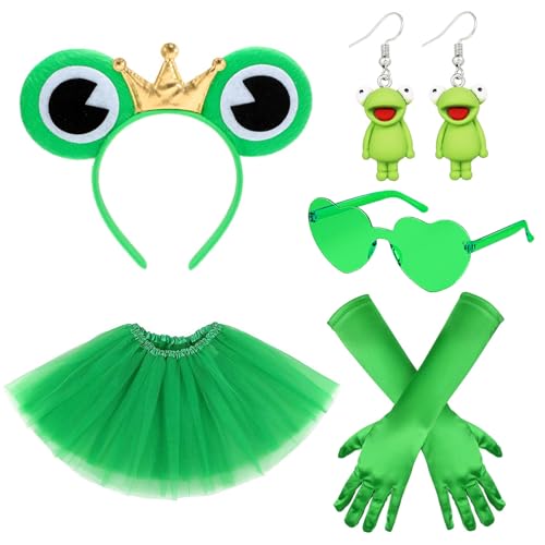 5 Stück Frosch Kostüm Set, Froschkönig Kostüm Erwachsene, Frosch Haarreif , Frosch Ohrringe, Handschuhe, grüne Herzbrille, Damen Chiffon kurzen Rock, Mädchen Karnevals Kostüm, Karnevals Geschenke von BCVSER