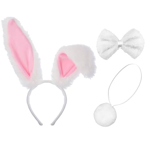 BCVSER 3-in-1 Hasenohren kostüm set, Hase Kostüm, Plüsch Hase Ohren Haarschmuck Hasenohren Stirnband, Bunny Girl Cosplay, Hasenschwanz Puschel, Fliege, für Kinder Erwachsene Karneval Party von BCVSER