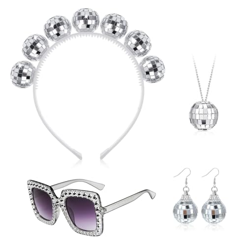 BCVSER 4 Stück 1970er Discokugel Kostüm Set, Karneval Kostüm, Discokugel Haarreif, Ohrringe, Halsketten, Strass Sonnenbrillen, Männer Frauen Partys Karnevalskostüme Accessoires Geschenke von BCVSER