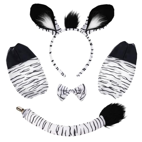 BCVSER 4 Stück Zebra Kostüm Set, Tier Kostüm, Karnevals Kostüm, Zebra Ohren Haarreif, Zebra Schwanz, Zebra Fliege, Zebra Handschuhe, für Tierkostüm Cosplay, Karnevalsparty Kostümzubehör von BCVSER