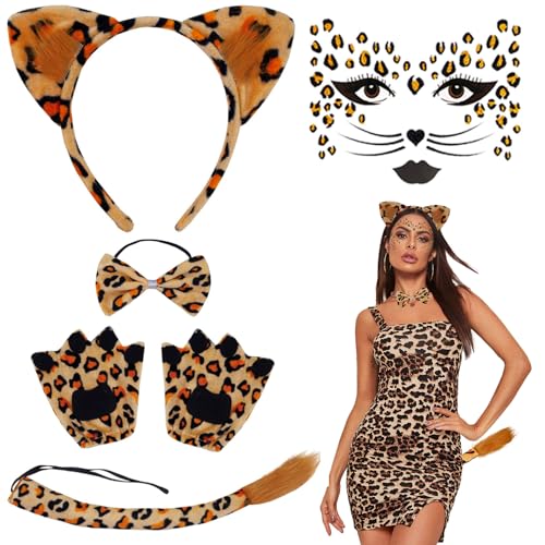 BCVSER 5 Stück Leoparden Kostüm Set, Leoparden Ohren Haarreif, Leopard Schwanz, Fliege, Handschuhe, Glitzer Tattoo Gesicht Aufkleber Set, Karnevals Kostüm, Karneval Party Damen Kinder Kostüm von BCVSER