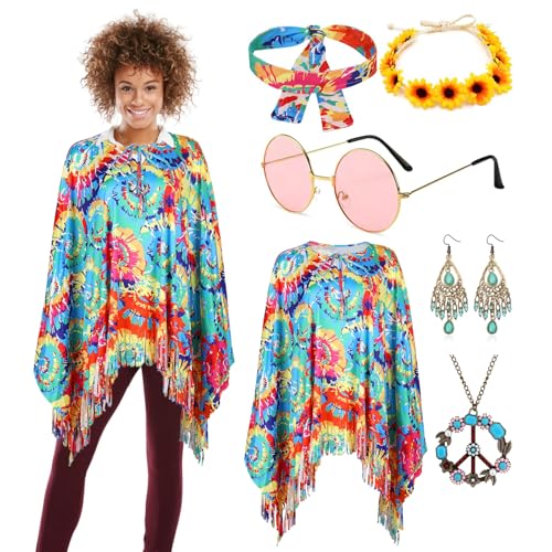 BCVSER 6 Stück Hippie Kostüm Damen Set, Hippie Poncho Damen und Zubehör, Faschingskostüme, Boho Flower Power 60er 70er Jahre Bekleidung Damen Frau, Karneval kostüme von BCVSER