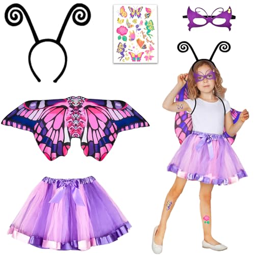 BCVSER 5 Stück Schmetterling Kostüm Kinder, Schmetterlingsflügel Schmetterling Umhang mit Tutu Rock Maske Tattoos Haarband, Kinder Schmetterling Kostüm Karneval Cosplay von BCVSER