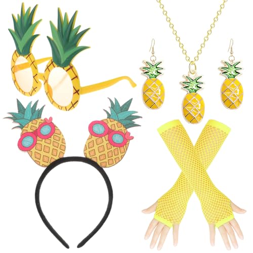 BCVSER Ananas Kostüm Damen Set, 7 Stück Hawaii Kostüm Accessoire, Ananas-Gläser, Ananas-Ohrringe, Ananas-Halskette, Fischnetz-Handschuhe, Ananas-Kopfbedeckung für Karneval Fasching Kostüm von BCVSER