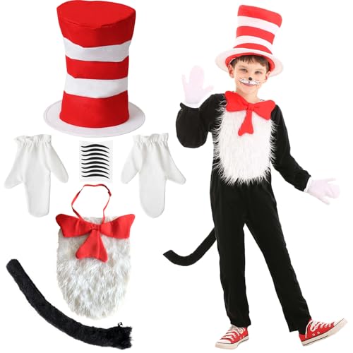 BCVSER Cat In The Hat Kostüm für Jungen Mädchen, 6 Stück Faschingskostüme Zubehör mit Hut, Handschuhe, Aufkleber, Schwanz, Fliege und Bauchpatch für Karneval Fasching Kostüm von BCVSER