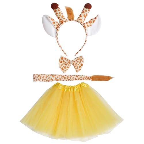 BCVSER Giraffen Kostüm Set, 4 Stück Giraffe Kostüm Kinder Accessoires, Giraffen Ohren Stirnband, Schwanz, Schwanz und Gelb Tutu Rock, Cosplay Zubehör für Karneval Fasching Kostüm von BCVSER