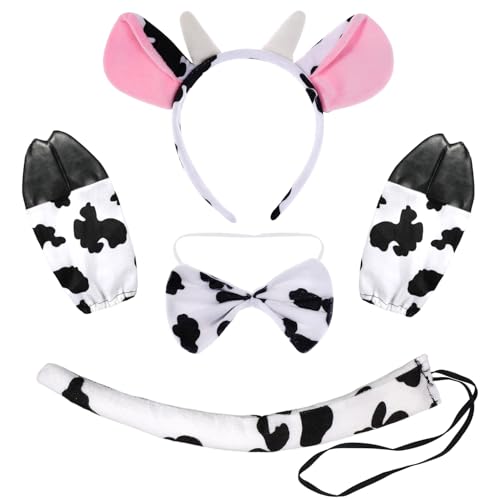 BCVSER Kuh Kostüm Set, 5 Stück Kuh Kostüm Accessoire, Kuh Ohren Hörner Stirnband, Kuh Schwanz, Kuh Fliege und Kuhhandschuhe, Cosplay Kostüm für Karneval Fasching Kostüm von BCVSER