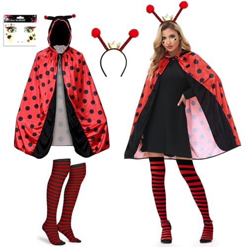 BCVSER Marienkäfer Umhang Kostüm Set, 4 Stück Marienkäfer Kostüm Zubehör mit Marienkäfer-Stirnband, Strümpfe, Sticker und Marienkäfer Cape mit Hut für Faschingskostüme, Karneval Cosplay, Mottoparty von BCVSER