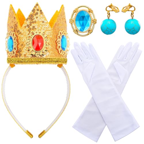 BCVSER Prinzessin Peach Kostüm Damen Zubehör, 4 Stück Prinzessin Kostüme Zubehör Kit mit Krone Ohrringe Handschuhe Brosche für Halloween, Karneval, Cosplay Dress Up für Frauen Mädchen von BCVSER