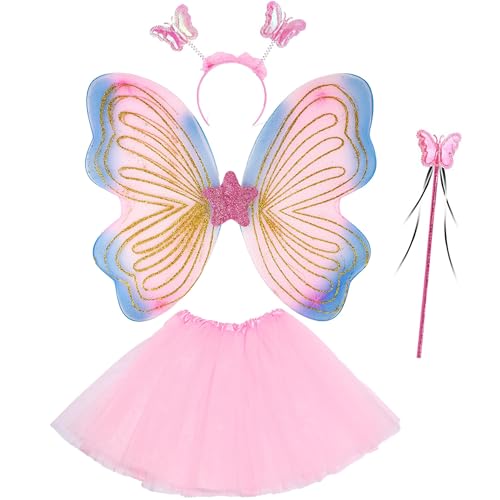 BCVSER Schmetterling Kostüm Kinder, Schmetterlingsflügel Kinder Mädchen 3-8 Jahre von, Feenflügel Kinder Set mit Tutu-Rock, Stirnband und Zauberstab und Faschingskostüme Kinder, Rosa von BCVSER