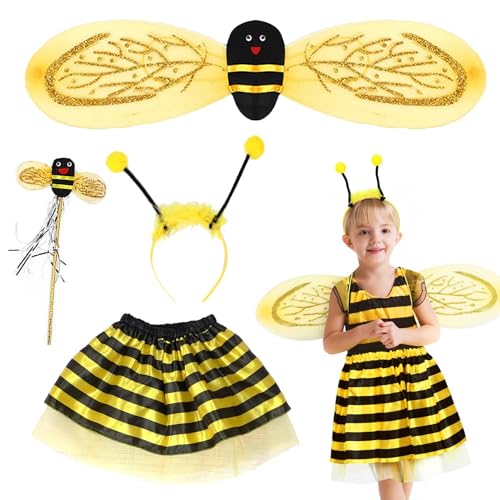 Bienenkostüm Kinder, 4 Stück Bienen Kostüme für Mädchen, FaschingKostüm Cosplay Kostüm mit Bienen Flügel, Haarreif, Zauberstab, Biene Maja Kostüm, Feenkostüm Kinder Mädchen für Halloween Rollenspiele von BCVSER