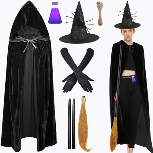 Hexenkostüm Damen, Hexenhut Hexenumhang 170cm Hexenbesen, Halloween Hexehandschuhe, Hexen Trankflasche Halloween Fasching Karneval Cosplay Kostüm für Damen Frauen von BCVSER