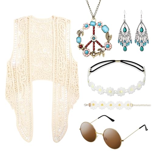 Hippie Kostüm Set, 6 Stück Hippie Accessoires mit Böhmen Stil Hippie Weste, Hippie-Brille, Friedenszeichen-Halskette, 1 Paar Ohrringe, Blumen Stirnbänder und Armband für Karneval Fasching Kostüm von BCVSER