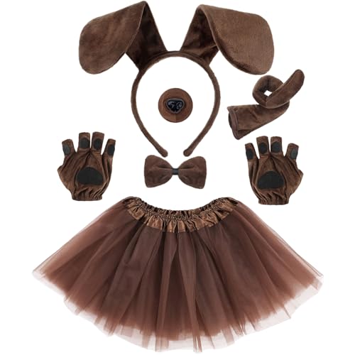 Hunde Kostüm Set, 6 Stück Dackel-Hunde Kostüm Kinder Accessoires, Hund Ohren Haarband, Nase, Schwanz, Bowtie, Handschuhe und Tutu Rock, Cosplay Zubehör für Karneval Fasching Kostüm von BCVSER