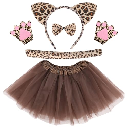 Leoparden Kostüm Set, 5 Stück Leoparden Kostüm Kinder Accessoires, Leoparden Ohren Stirnband, Schwanz, Bowtie, Handschuhe und Tutu Rock, Cosplay Zubehör für Karneval Fasching Kostüm von BCVSER