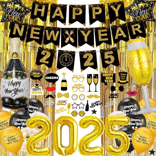 Silvester Deko 2025, Schwarz Gold Neujahr Deko 2025 Happy New Year Banner, 2025 Folienballon Konfetti Luftballons, 2025 Foto Requisite Party Dekoration Set, Glitzer Vorhänge für Silvesterparty von BCVSER