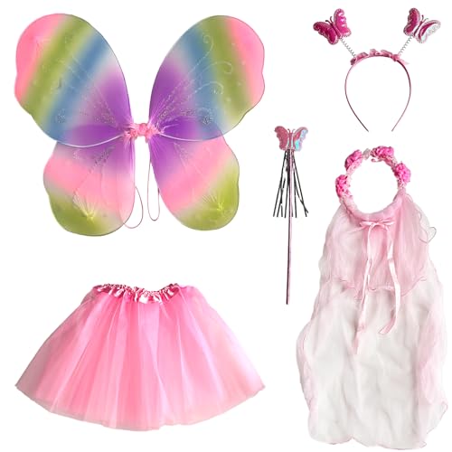 Feenflügel-Kostüm für Mädchen, Feenflügel für Mädchen, Feenflügel für Kinder, Schmetterlingsflügel, Zauberstab, Tutu und Stirnband, Fee, buntes Rosa, 5 Stück von BD-Herego