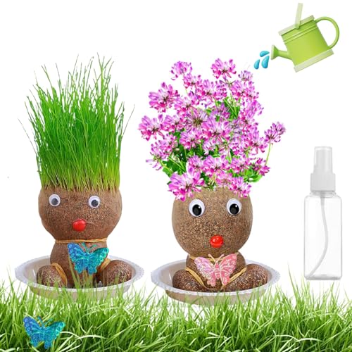 5 Stück Graskopf Set, Schön Graskopf Kinder 2 Stile Blumentopf Kopf Mit Einer Kleinen Sprühflasche Rasenpuppen! Mit Tablett Graskopfpuppe (Grünes Gras Und Blumen) von BDBFPAN