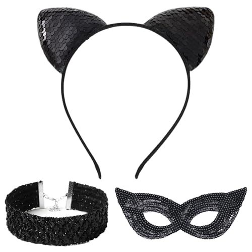 BDBFPAN 3 Stück Katzenohren Haarreif, Katzenohren Halloween, Einzigartig und Auffällig Katzenkostüm Damen, für Cosplay, Karneval Party, Halloween, für Schöne Mädchen und Katzenliebhaber von BDBFPAN