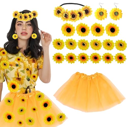 BDBFPAN Sonnenblume Kostüm, Blumen Kostüm Damen Sonnenblumen Kostüm Tüllrock Gelb Sonnenblumen Ohrringe Sonnenblumen Stirnband Haarschmuck Sonnenblumen Kostüm Damen Für Karneval Halloween von BDBFPAN