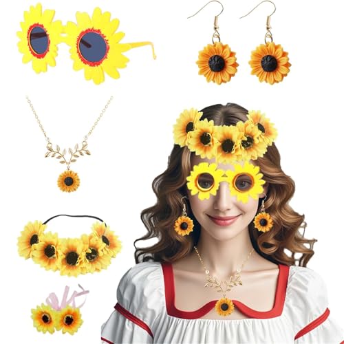 BDBFPAN Sonnenblumen Kostüm Damen, Sonnenblume Kostüm Mit Blumenkranz Ohrring Blumen-Armbänder Sonnenbrille Sonnenblumen Baumeln Sonnenblumen Haarreif Für Fasching Party 60er 70er Kostüm Zubehör von BDBFPAN