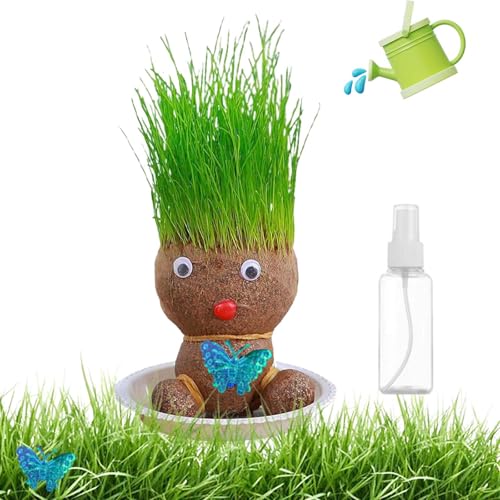 Graskopf Set, Mini Bonsai Gras Kopf Figure Puppen Schön Graskopf Stile Blumentopf Kopf Mit Einer Kleinen Sprühflasche für Desktop Zimmer Home Decorations (Grünes Gras) von BDBFPAN