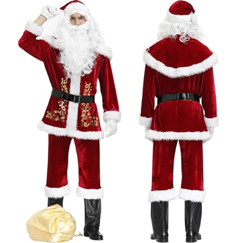 BDBRHFG 7-Teiliges Weihnachtsset Deluxe-Samt-Weihnachtsmann-Kostüm Für Erwachsene, Königliches Plüsch-Weihnachtsmann-Kostüm, Ausgefallenes Kleid, Samtkostüm A,2XL von BDBRHFG