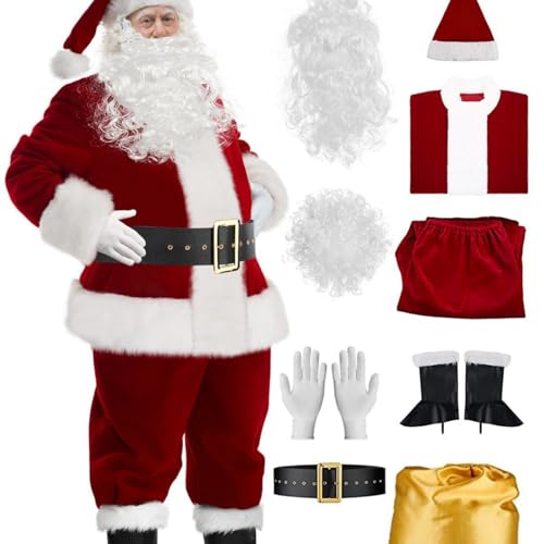 BDBRHFG 9-Teiliges Weihnachtsmann-Kostüm, Weihnachtsset, Übergröße, Luxuriöses Weihnachtsmann-Kostüm Für Männer, Erwachsene, Teenager A,2XL-3XL von BDBRHFG