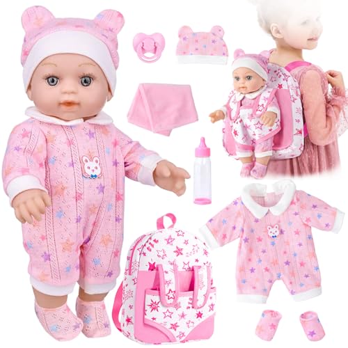 BDDOLL 30,5 cm große Babypuppe in Geschenkbox mit rosa Rucksack, Tüchern, Fläschchen und Schnuller, erste Babypuppen für Kleinkinder ab 3 Jahren von BDDOLL