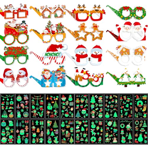 BDSHUNBF 36 pcs Weihnachtsbrillen Weihnachtsmütze Weihnachtsbrille Weihnachtsmann Mütze Weihnachts Photo Booth Requisiten Weihnachtsfeier Zubehör,Weihnachten leuchtende temporäre Tattoos für Kinder von BDSHUNBF