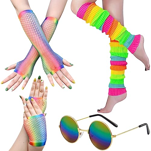 BDSHUNBF 80er Jahre Outfit Damen, 80er Jahre Kostüm Outfits Zubehör, Netzhandschuhe, Vintage Brille, Beinwärmer, 80er Jahre Kostüm Mottoparty Accessoires Kleidung Neon Party Karneval von BDSHUNBF