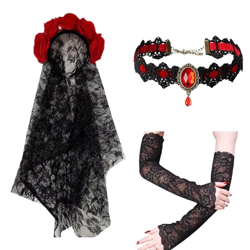 BDSHUNBF Halloween Kostüm, Schleier Schwarz Tüll mit Rosen, Damen Tag der Toten Haarschmuck, Mit Frauen Spitze Handschuhe Halskette, für Halloween Kostüm Damen von BDSHUNBF